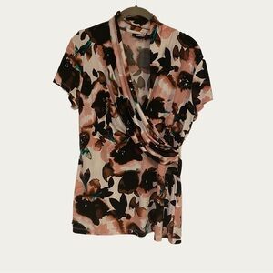 DKNY Faux Wrap SS Blouse with Surplice V-Neck -Large Pink & Brown Floral Pattern